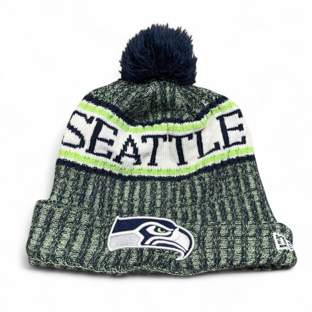 New Era Seattle Seahawks Winter Fleece Lined Pom Beanie Stocking Hat Cap NFL